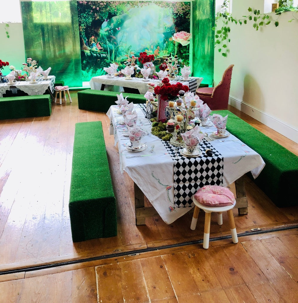 Artificial grass covered bench Themed party props hire Rock the Day