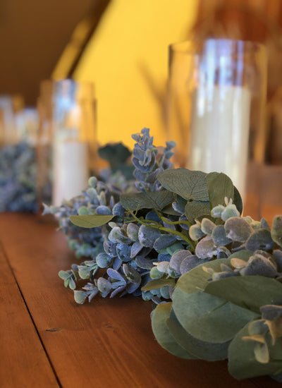 Faux Eucalyptus garland for hire as party decor or photoshoot prop | table and chair decor London | bespoke prop hire Rock The Day | Essex, London, Hertfordshire