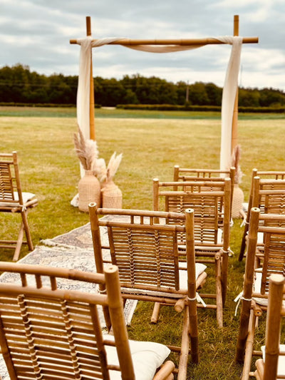Ceremony area for hire | Bamboo furniture hire | Bamboo wedding chairs for hire Essex | wedding props hire London | Rug aisle hire | Bamboo wedding arch for hire | Wedding styling by Rock the Day Essex