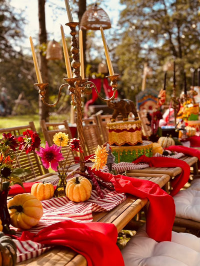 Add a touch of vibrant colour to your circus themed event with our red napkins for hire|Themed party hire|Circus decor hire|Circus themed table decor hire London