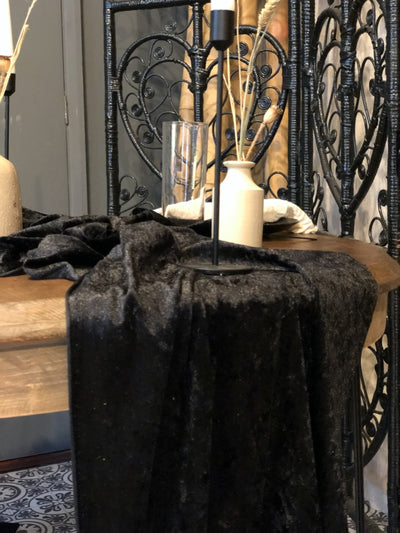 Black table runner in crushed velvet - hire for any occasion from Rock the Day, Essex- event hire, perty hire, table and chair decor hire