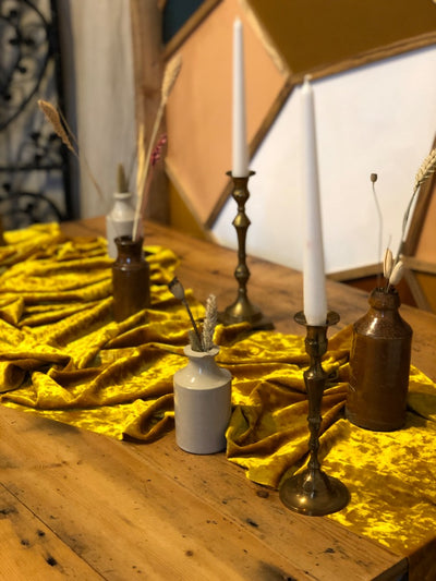 Crushed velvet table runner in mustard colour for hire. prop hire, event hire, table and chair decor hire Rock The Day Essex