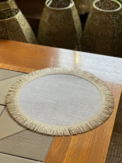 Placemat canvas with raffia fringe for hire|Wedding and event prop hire Essex by Rock the Day|Wedding and Event styling London|Prop hire|themed party hire Essex