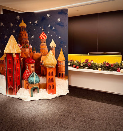 Castle panel with 3D towers for hire | Themed party prop hire | Princess party hire | Nutcracker party hire | Bespoke props by Rock the Day Essex | Party hire 