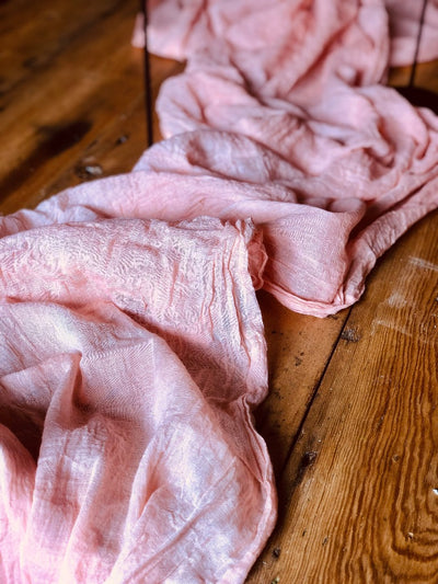 Hire our new hand dyed blush pink muslin runner for your party | wedding prop hire Essex | event prop hire London by Rock the Day | Bespoke prop makers