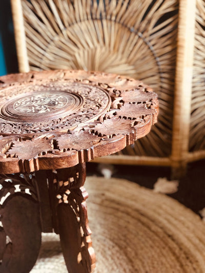 Wooden carved side tables in Moroccan style | Prop hire and event styling by Rock the Day Essex | Moroccan props for hire London 