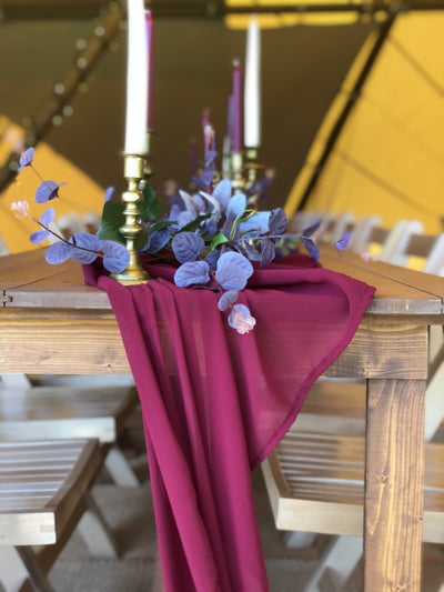 Burgundy table runner for autumnal table decor | Rock the Day | table and chair decor  | event prop hire | evenue decor | Essex