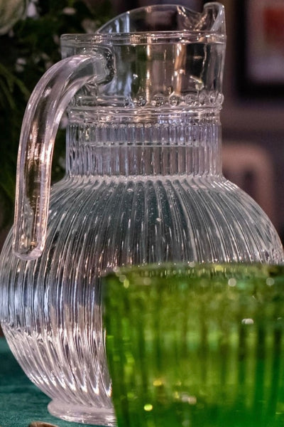 Glass Water jug for hire | Wedding and event prop hire Essex by Rock the Day | Wedding and Event styling London | Prop hire | Table and chair decor hire Essex