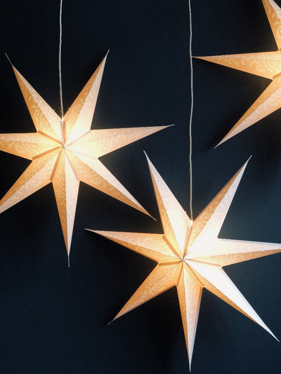 White hanging star lamp set of 3 for hire | Christmas backdrop hire | Christmas party hire and styling by Rock the Day Essex | Christmas decorators services 