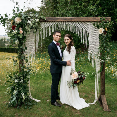 Wooden Arch with Shaped Macrame Backdrop | Rock the Day Essex | Prop Hire | Backdrop to hire | Wedding Styling