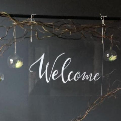 Perspex WELCOME sign. Handmade party signage from Rock The Day  Essex- party hire, wedding hire, prop hire Essex