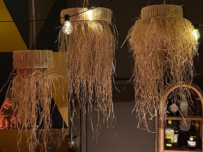 Natural raffia handmade lampshades for hire Rock The Day Essex party hire | prop hire | retail display design and styling