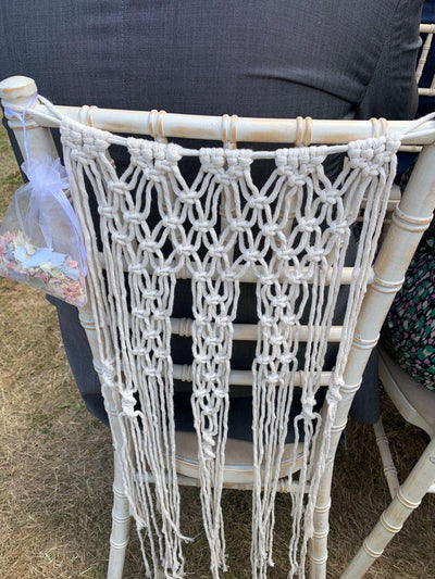 macrame chair backs for hire by Rock the Day Essex | bohemian style wedding | boho wedding | wedding styling London