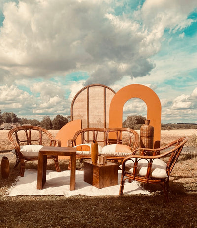 Outdoor seating area for hire | Indian summer seating package by Rock the Day Essex | furniture hire London | Party and event styling by Rock the Day | Bamboo furniture hire 