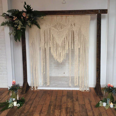 Handmade makrame on rustic wooden arch | Rock The Day Essex | backdrop to hire | venue decor | wedding arch | bespoke props | event styling